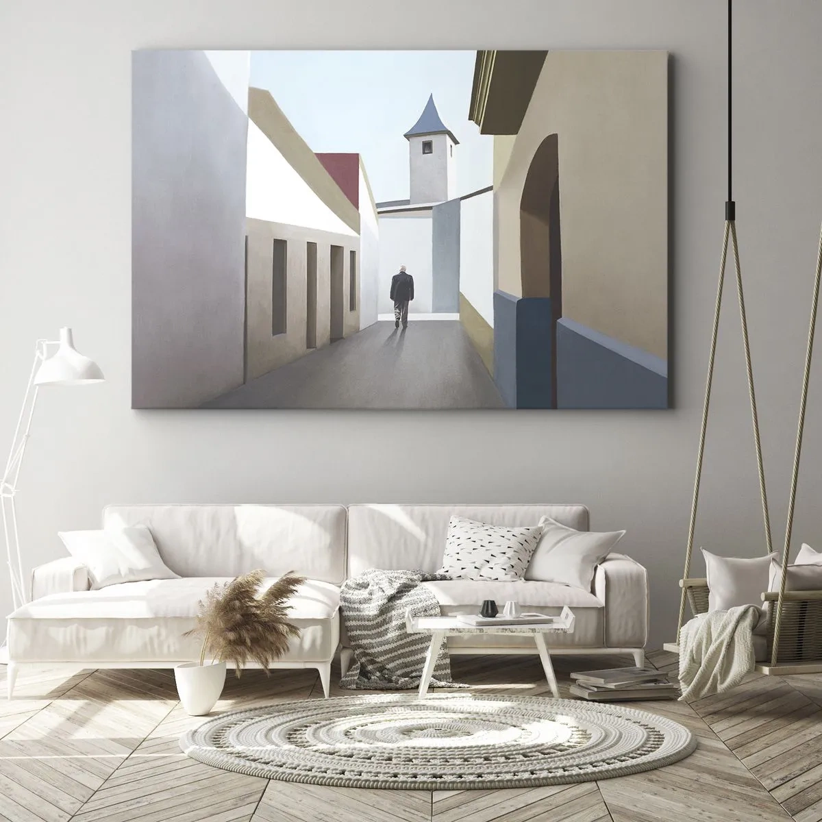 Quadro su tela - Stampe su Tela - Una strada minimalista con la sagoma di un uomo sullo sfondo - 100x70cm - Passeggiata assolata - Decorazione murale moderna per soggiorno e camera da letto ARTTOR