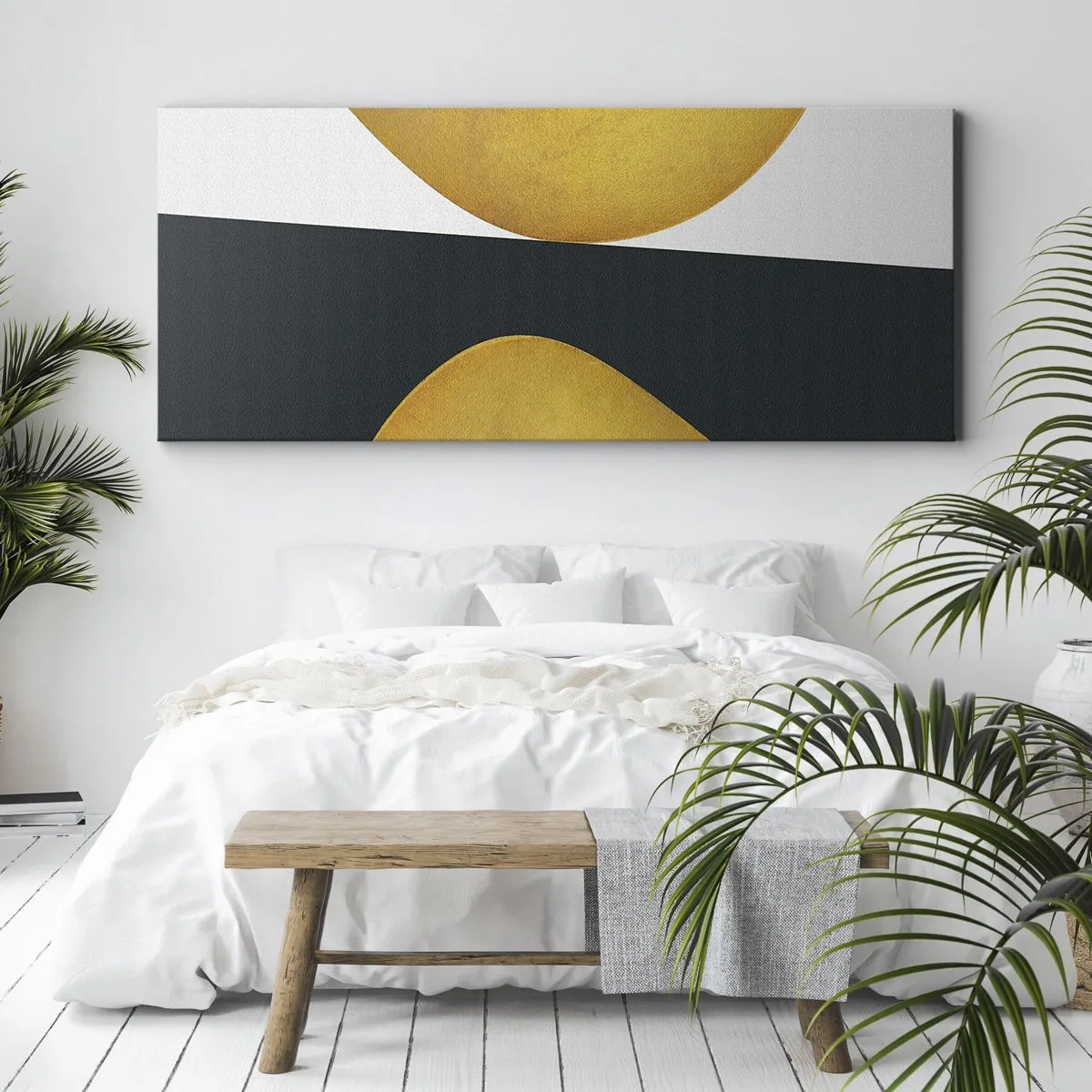 Quadro su tela - Stampe su Tela - Forme geometriche in oro su sfondo bianco e scuro - 140x50cm - Iniziamo dall'oro - Decorazione murale moderna per soggiorno e camera da letto ARTTOR