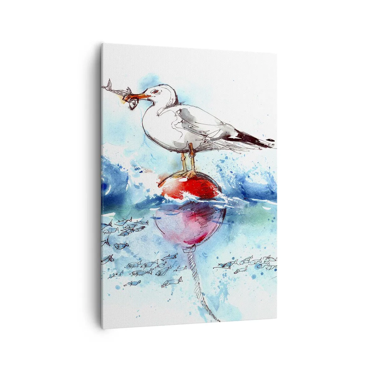 Quadro su tela - Stampe su Tela - Gabbiano su una boa con pesci sullo sfondo in stile acquerello - 70x100cm - Buona pesca - Decorazione murale moderna per soggiorno e camera da letto ARTTOR