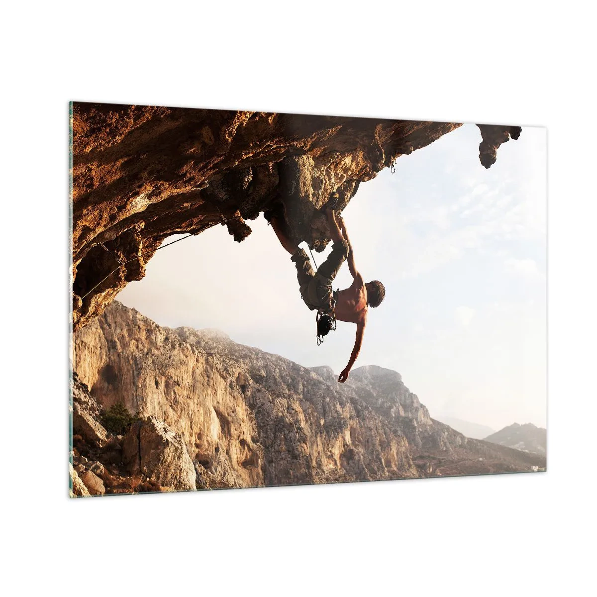 Quadro su vetro - Scalare una roccia verticale in un paesaggio montano - 100x70cm - Il mondo ristretto in una mano sul bordo del masso - Decorazione murale moderna per soggiorno e camera da letto ARTTOR