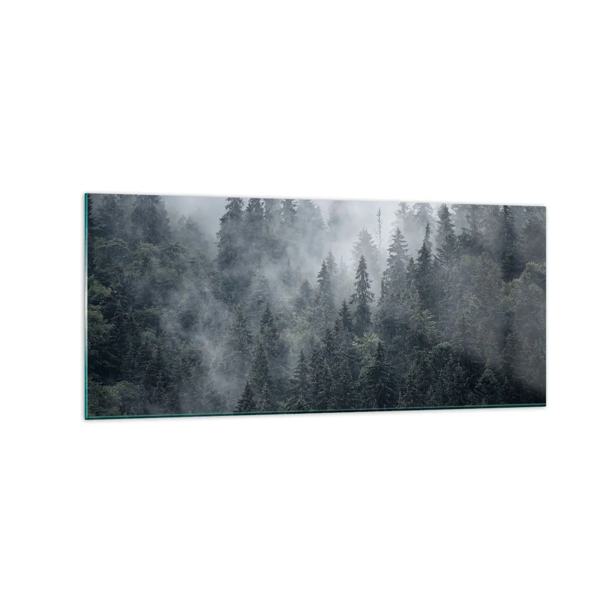 Quadro su vetro - Foresta di conifere nebbiosa nei toni del grigio e del verde - 120x50cm - Alba nel bosco - Decorazione murale moderna per soggiorno e camera da letto ARTTOR