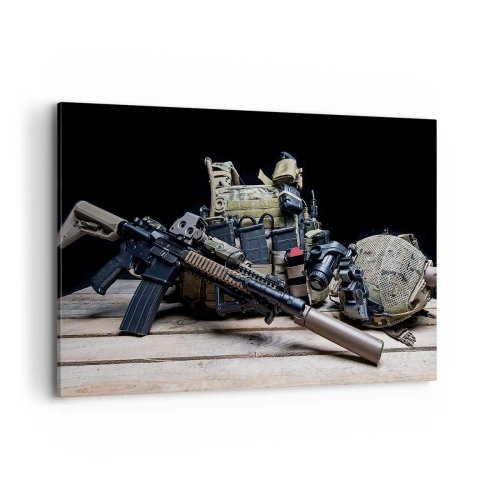 Quadro su tela - Stampe su Tela - Attrezzatura tattica con un fucile su un tavolo di legno - 100x70cm - Riposo! - Decorazione murale moderna per soggiorno e camera da letto ARTTOR