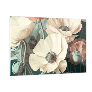 Quadro su vetro - Delicati papaveri color crema e salmone su sfondo scuro - 120x80cm - Il sussurro dei papaveri - Decorazione murale moderna per soggiorno e camera da letto ARTTOR