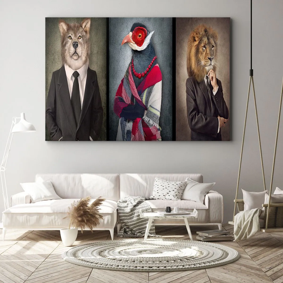Quadro su tela - Stampe su Tela - Ritratti stilizzati di un lupo, un fagiano e un leone in abiti eleganti - 70x50cm - Che faccio io qui? - Decorazione murale moderna per soggiorno e camera da letto ARTTOR
