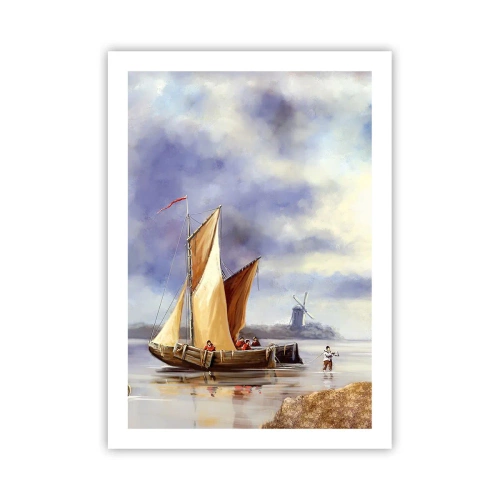 Poster - Una nave a vela sulla riva con un mulino a vento sullo sfondo - 50x70cm - Il ritorno dei marinai - Decorazione murale moderna per soggiorno e camera da letto ARTTOR