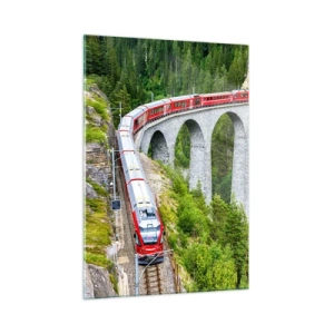 Quadro su vetro - Un treno con un ponte di montagna sullo sfondo tra paesaggi verdi - 50x70cm - Il treno tra i monti - Decorazione murale moderna per soggiorno e camera da letto ARTTOR