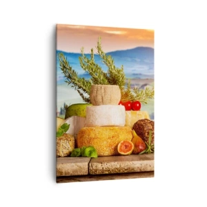 Quadro su tela - Stampe su Tela - Una composizione di formaggi e frutta sullo sfondo del paesaggio toscano - 70x100cm - La gioia italiana della vita - Decorazione murale moderna per soggiorno e camera da letto ARTTOR