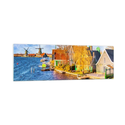 Quadro su vetro - Case pittoresche e mulini a vento in riva all'acqua - 160x50cm - Da secoli immutabile - Decorazione murale moderna per soggiorno e camera da letto ARTTOR