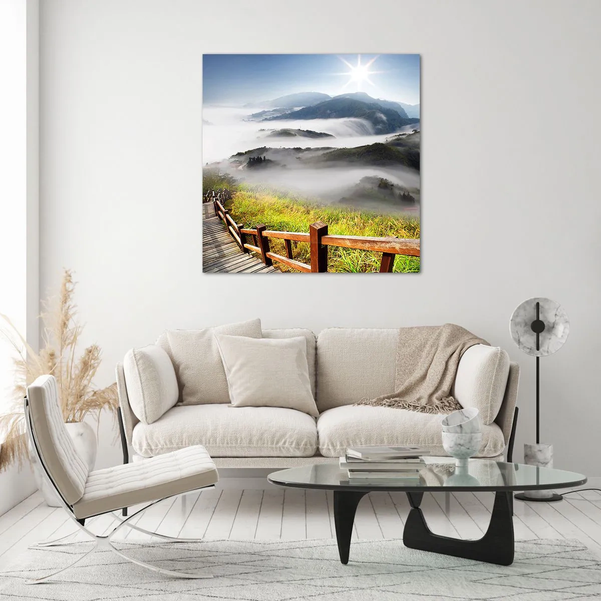 Quadro su vetro - Avvolti di luce e nebbia - 50x50 cm