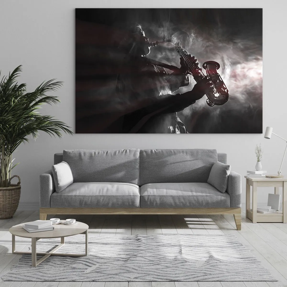 Quadro su vetro - Sassofonista in una nebbia di fumo in bianco e nero - 120x80cm - Nei fumi del jazz - Decorazione murale moderna per soggiorno e camera da letto ARTTOR