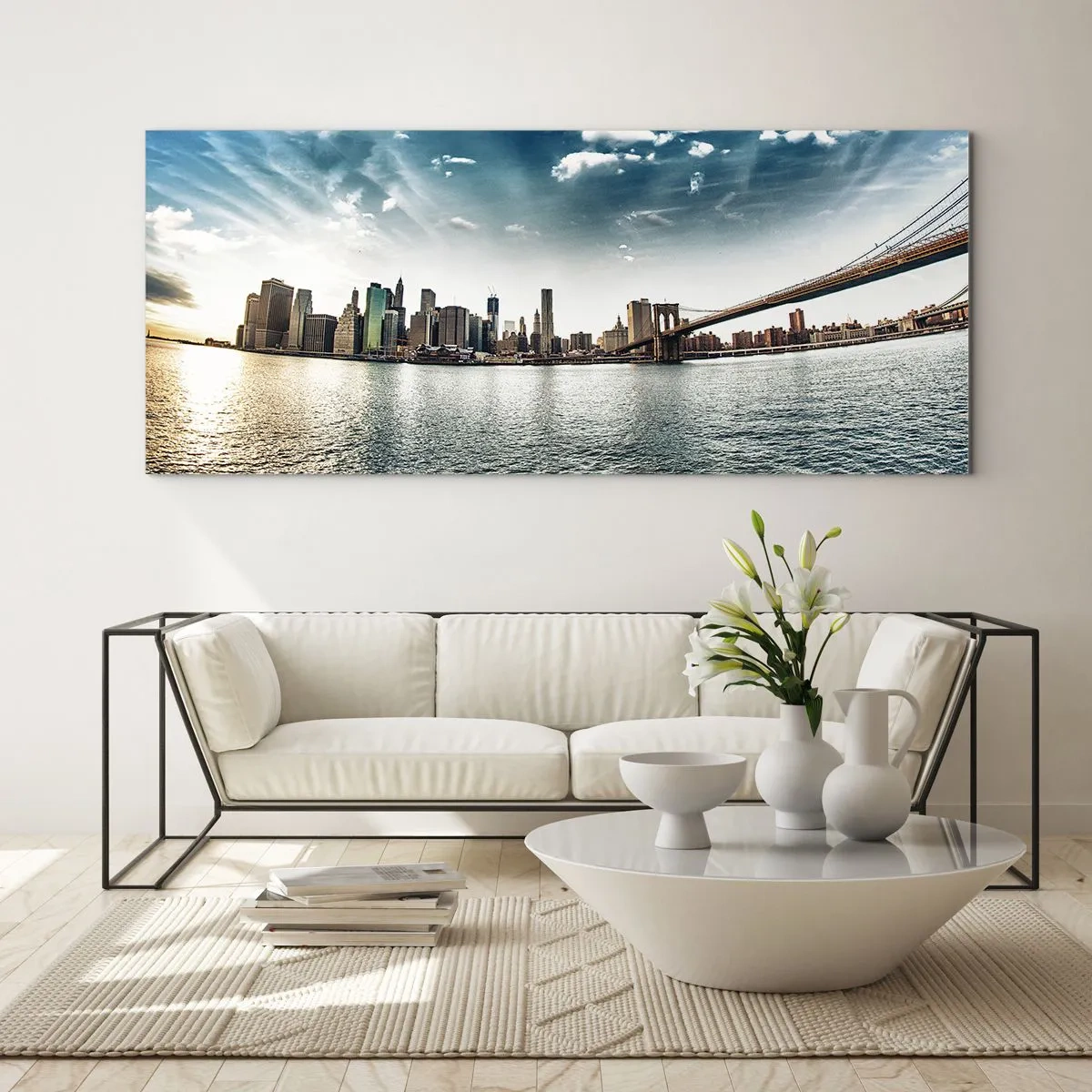 Quadro su vetro - Panorama della città con un ponte contro il cielo blu - 120x50cm - L'isola di vetro - Decorazione murale moderna per soggiorno e camera da letto ARTTOR