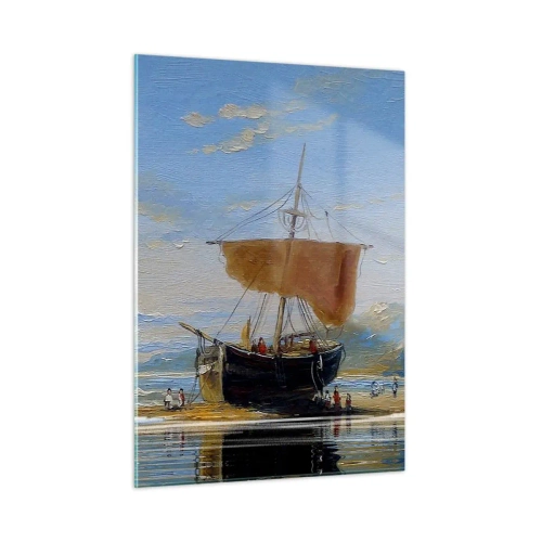 Quadro su vetro - Una nave con una vela sulla riva in stile pittorico - 50x70cm - Acqua, terra, aria - Decorazione murale moderna per soggiorno e camera da letto ARTTOR
