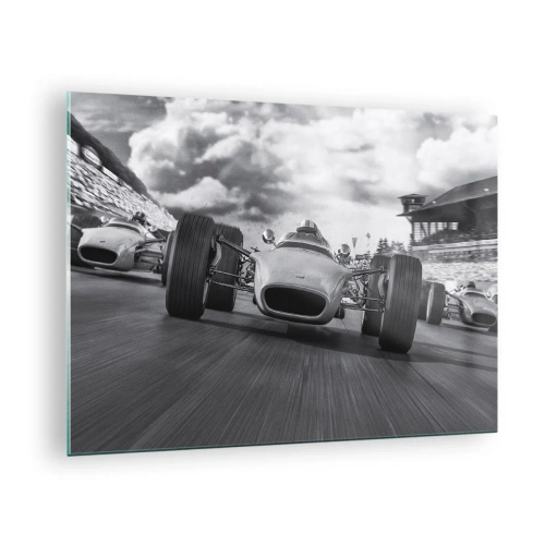 Quadro su vetro - Gara di auto d'epoca su una pista in bianco e nero - 70x50cm - C'è la forza! - Decorazione murale moderna per soggiorno e camera da letto ARTTOR
