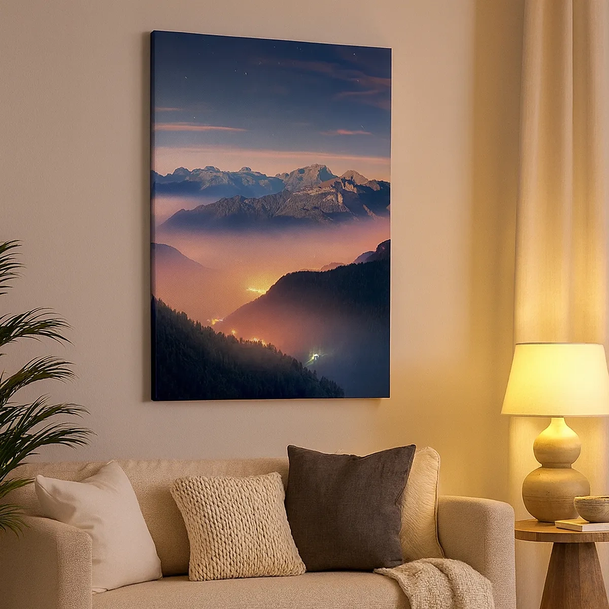 Quadro su tela - Stampe su Tela - Un paesaggio montano con una valle piena di nebbia - 50x70cm - La luce nelle valli - Decorazione murale moderna per soggiorno e camera da letto ARTTOR