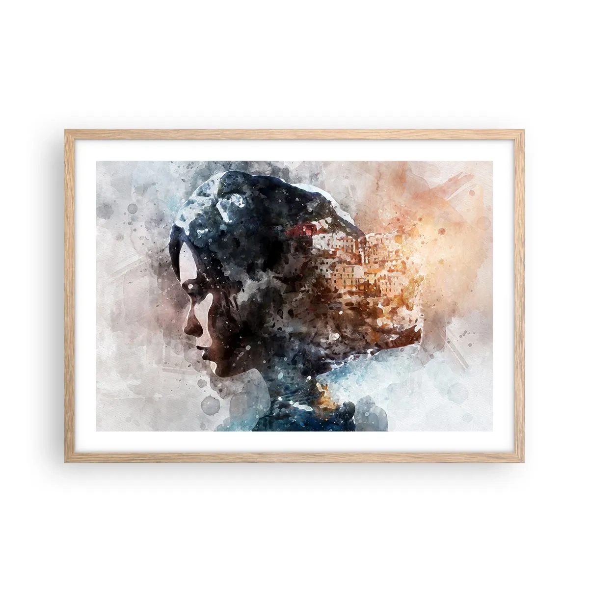 Poster in cornice rovere chiaro - Racconto su una ragazza con città sullo sfondo - 70x50 cm