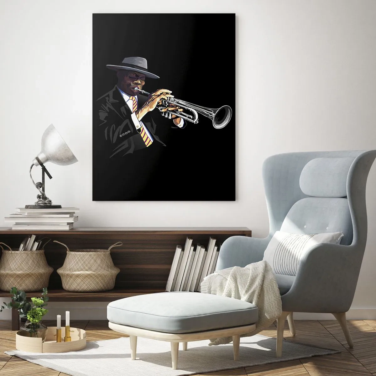 Quadro su vetro - Un musicista nero con una tromba e un cappello su uno sfondo nero - 50x70cm - Il fascino della Old School - Decorazione murale moderna per soggiorno e camera da letto ARTTOR