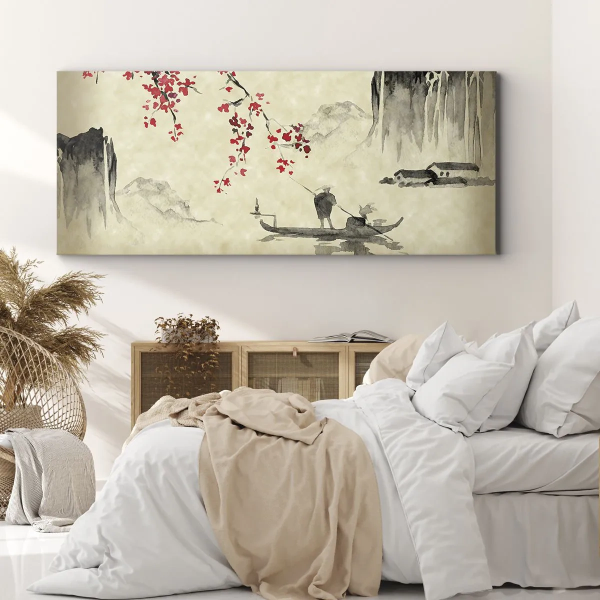 Quadro su tela - Stampe su Tela - Illustrazione orientale con una barca e un ramo fiorito - 120x50cm - Nel paese dei ciliegi in fiore - Decorazione murale moderna per soggiorno e camera da letto ARTTOR