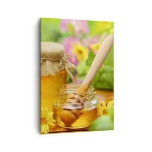 Quadro su tela - Stampe su Tela - Vasetti di miele con fiori sullo sfondo di un giardino estivo - 50x70cm - Dolce miele di fiori - Decorazione murale moderna per soggiorno e camera da letto ARTTOR