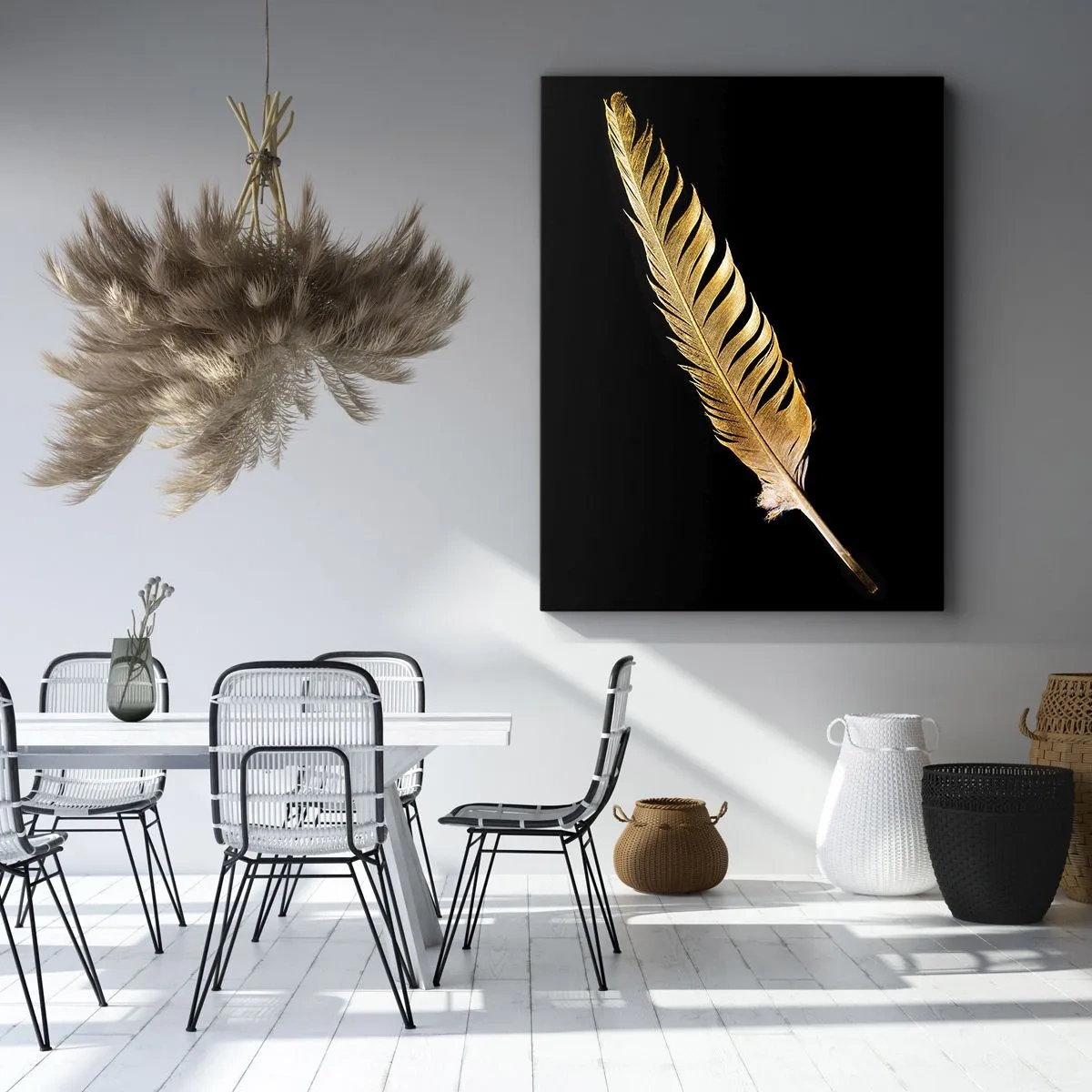 Quadro su tela - Stampe su Tela - Piuma dorata su sfondo nero - 50x70cm - Non una piuma qualsiasi.... - Decorazione murale moderna per soggiorno e camera da letto ARTTOR