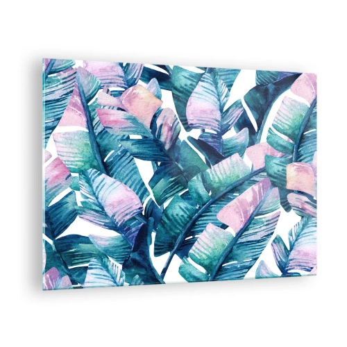 Quadro su vetro - Foglie di banano in tonalità pastello su sfondo bianco - 70x50cm - Nel bananeto - Decorazione murale moderna per soggiorno e camera da letto ARTTOR