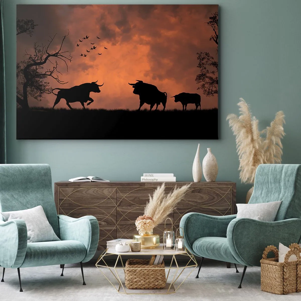 Quadro su tela - Stampe su Tela - Sagome di tori contro un cielo arancione al tramonto - 70x50cm - Drammatico spettacolo della natura - Decorazione murale moderna per soggiorno e camera da letto ARTTOR