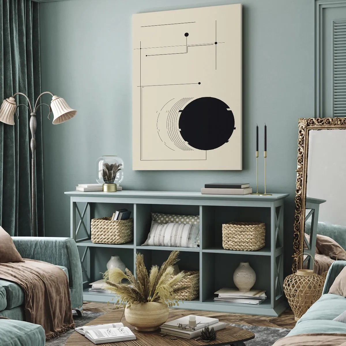 Quadro su tela - Stampe su Tela - Linee geometriche nere e un cerchio su uno sfondo beige - 50x70cm - Composizione elastica e dinamica - Decorazione murale moderna per soggiorno e camera da letto ARTTOR