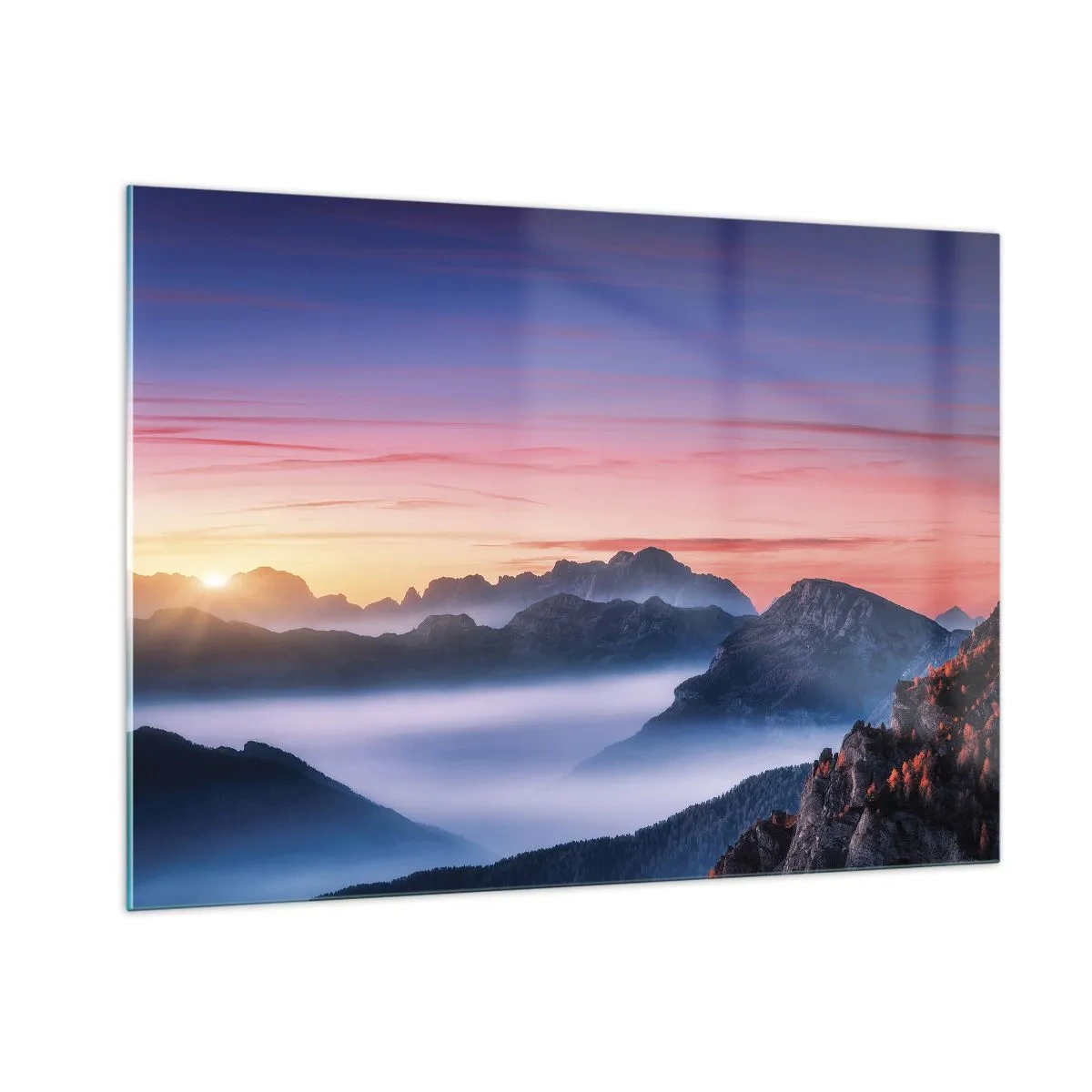 Quadro su vetro - Un'alba pittoresca sul paesaggio montano - 100x70cm - Sopra le valli - Decorazione murale moderna per soggiorno e camera da letto ARTTOR