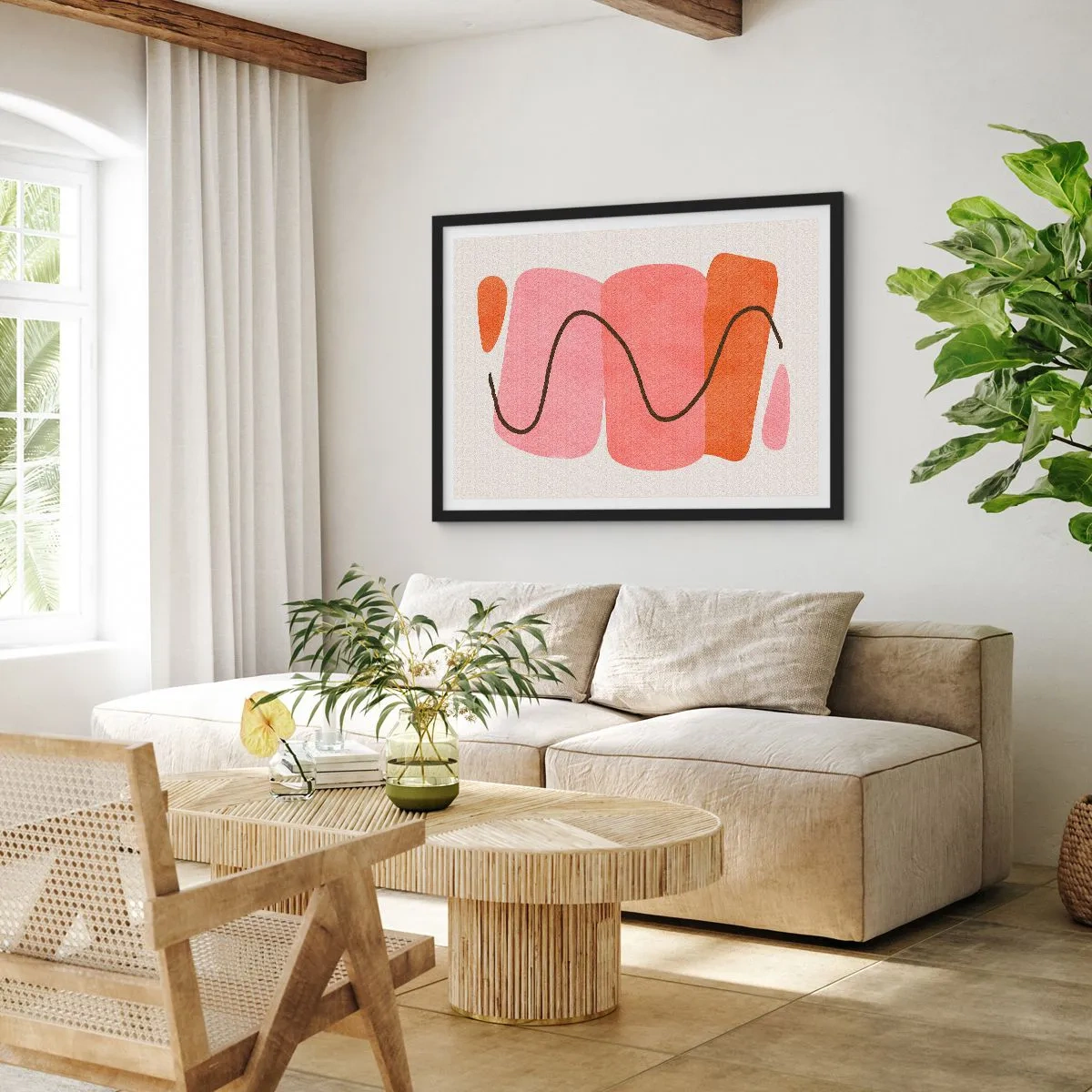 Poster in cornice nera - Forme astratte nelle tonalità del rosa e dell'arancione - 70x50cm - Il delicato movimento delle forme - Decorazione murale moderna per soggiorno e camera da letto ARTTOR