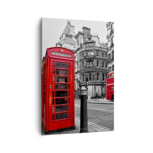 Quadro su tela - Stampe su Tela - Una cabina telefonica rossa e un autobus a due piani a Londra con la città sullo sfondo - 70x100cm - Il più rosso d'Europa - Decorazione murale moderna per soggiorno e camera da letto ARTTOR