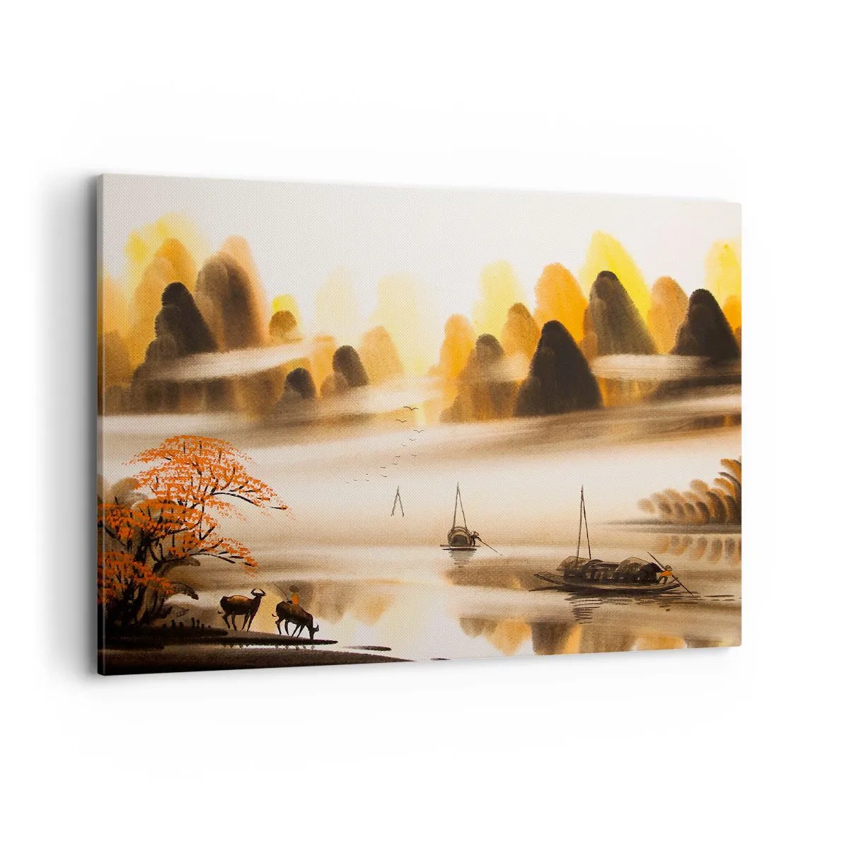 Quadro su tela - Stampe su Tela - Un paesaggio orientale con un fiume, montagne e una leggera nebbia. - 100x70cm - Oltre l'Estremo Oriente - Decorazione murale moderna per soggiorno e camera da letto ARTTOR