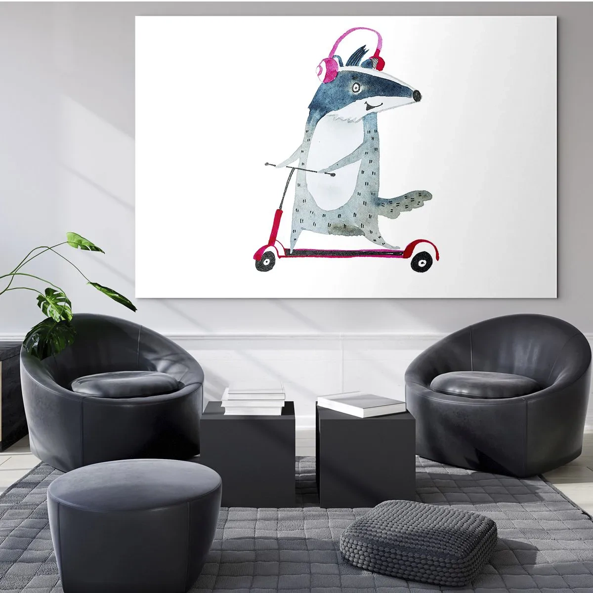 Quadro su vetro - Tasso con le cuffie su uno scooter per acquerelli - 70x50cm - Tassi di gioia - Decorazione murale moderna per soggiorno e camera da letto ARTTOR