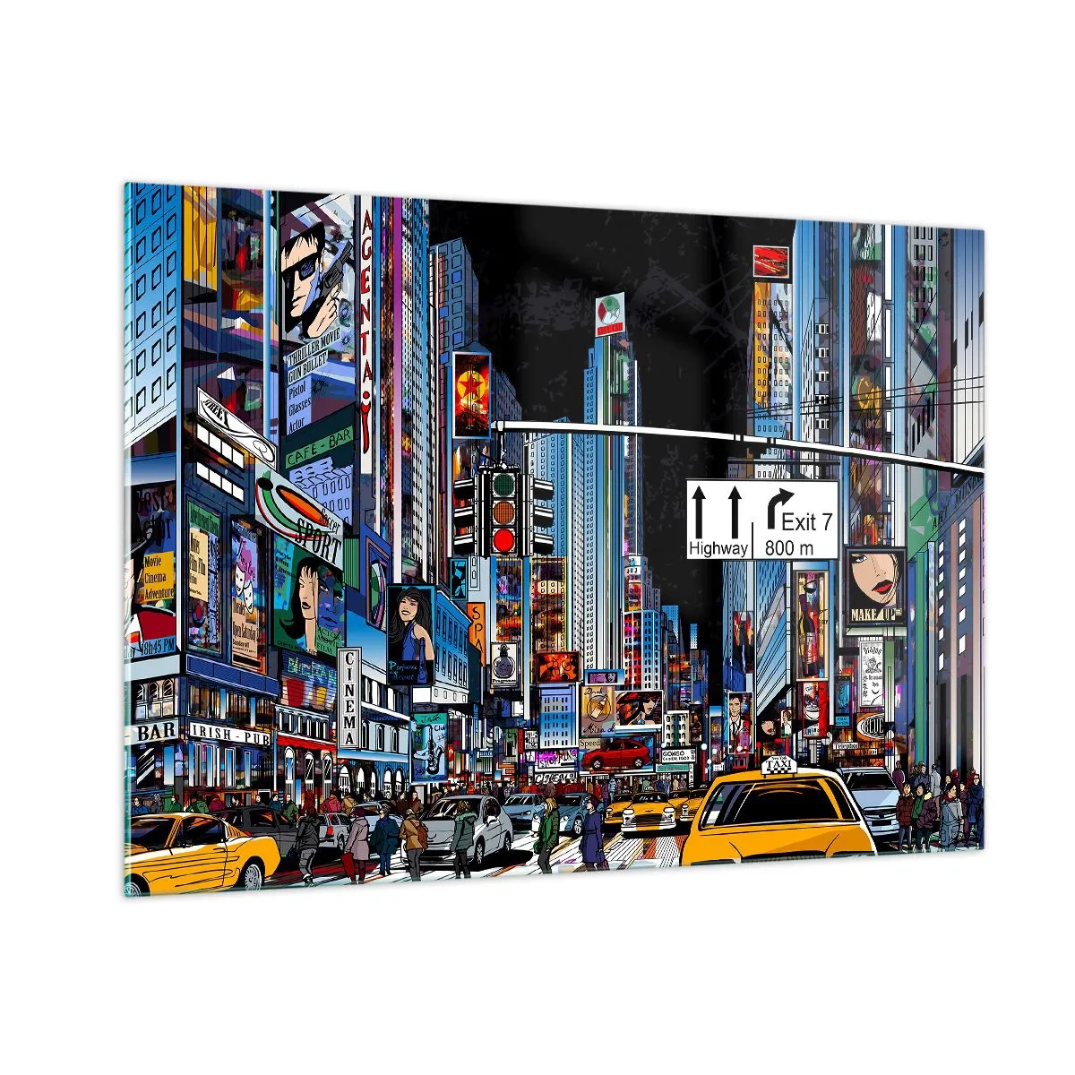 Quadro su vetro - Una strada trafficata con taxi gialli e insegne al neon - 100x70cm - La grande notte dei fumetti - Decorazione murale moderna per soggiorno e camera da letto ARTTOR