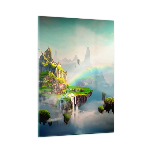 Quadro su vetro - Isole volanti tra le nuvole con arcobaleni e cascate - 50x70cm - In mezzo al cielo: isole fortunate - Decorazione murale moderna per soggiorno e camera da letto ARTTOR
