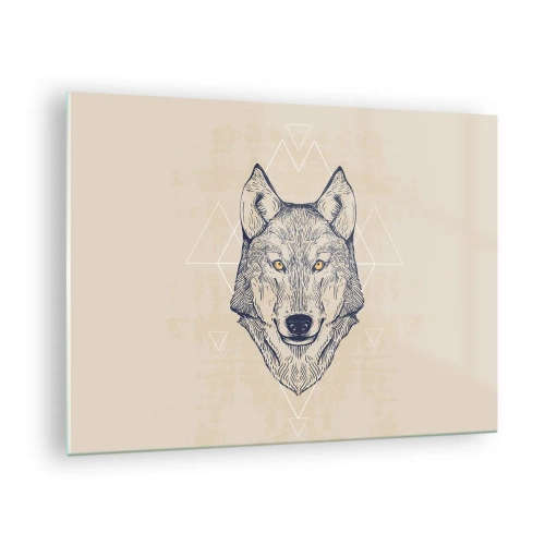 Quadro su vetro - Testa di lupo su uno sfondo di motivi geometrici - 70x50cm - Alfa dallo sguardo penetrante - Decorazione murale moderna per soggiorno e camera da letto ARTTOR