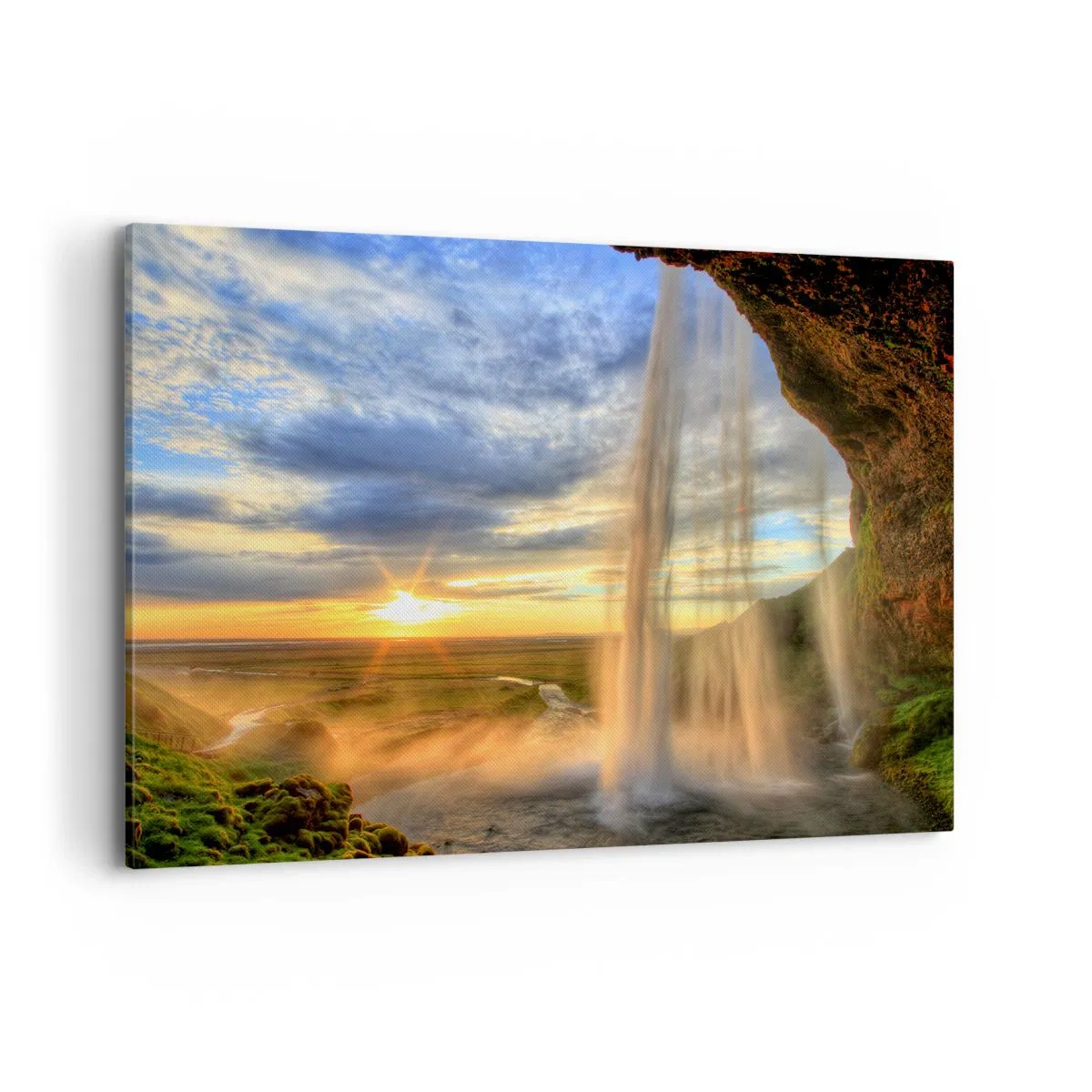 Quadro su tela - Stampe su Tela - Una cascata illuminata dalla luce del sole sullo sfondo di un paesaggio - 100x70cm - Il mondo dietro una tenda di gocce - Decorazione murale moderna per soggiorno e camera da letto ARTTOR