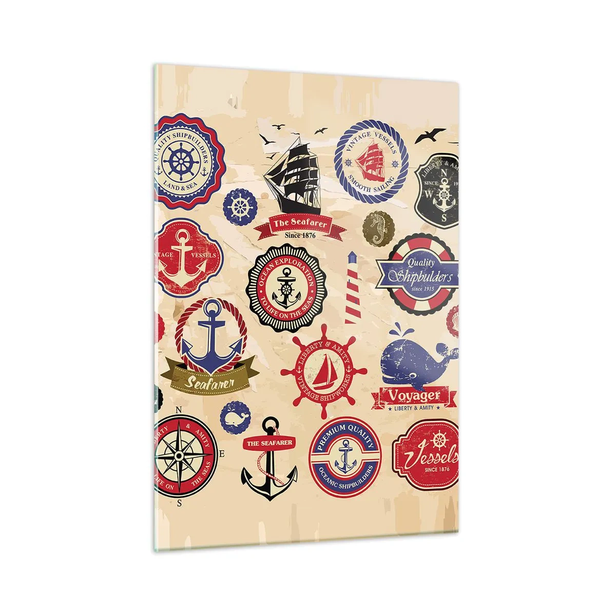 Quadro su vetro - Emblemi e simboli nautici su sfondo beige - 50x70cm - Fratellanza di vela - Decorazione murale moderna per soggiorno e camera da letto ARTTOR