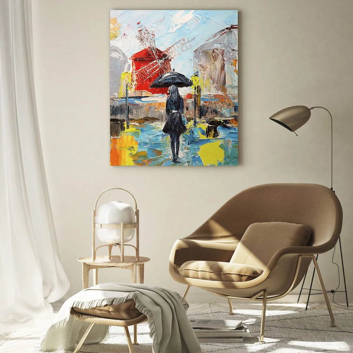 Quadro su vetro - Una scena pittoresca con un ombrello sullo sfondo di Parigi dai colori vivaci. - 80x120cm - Leggende di Parigi - Decorazione murale moderna per soggiorno e camera da letto ARTTOR