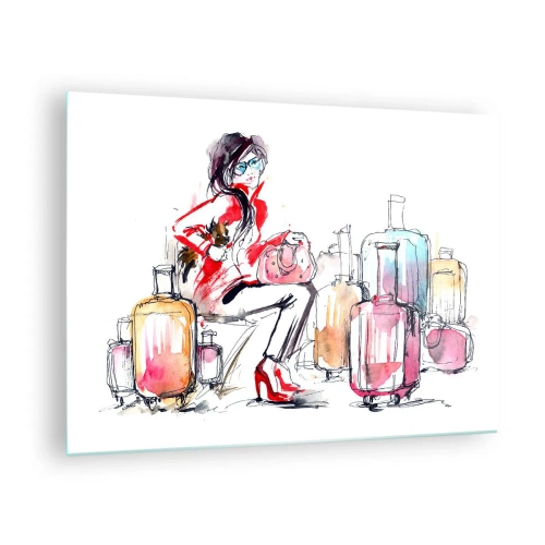 Quadro su vetro - Una donna con un cappotto rosso circondata da valigie in stile schizzato. - 70x50cm - Sediamoci prima del viaggio - Decorazione murale moderna per soggiorno e camera da letto ARTTOR