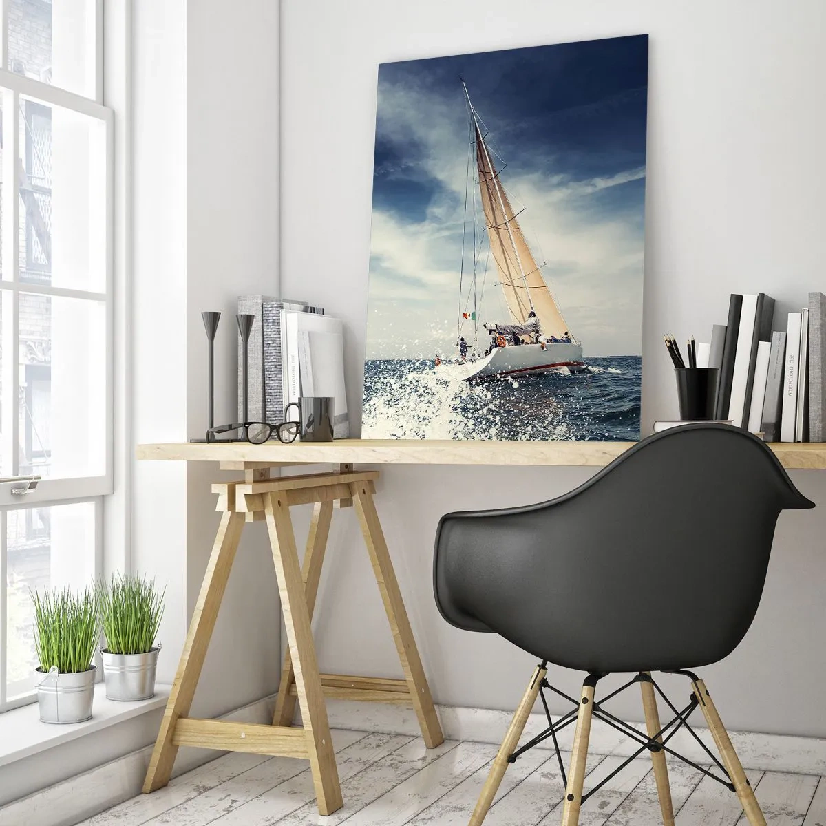 Quadro su vetro - Una barca a vela su un mare in tempesta sotto un cielo azzurro - 70x100cm - Non ci raggiungeranno! - Decorazione murale moderna per soggiorno e camera da letto ARTTOR