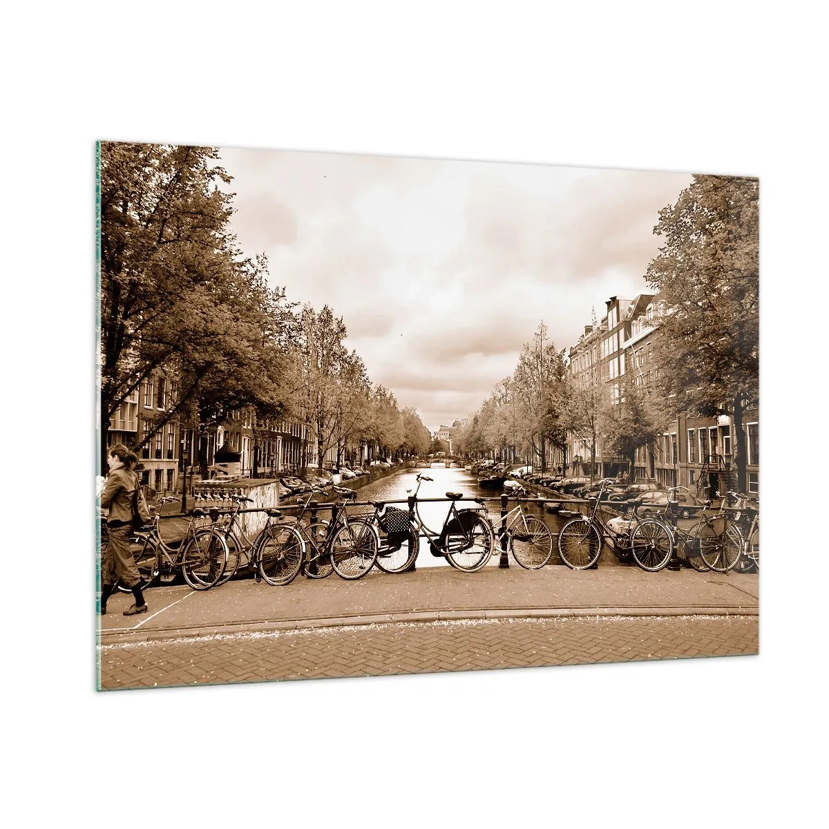 Quadro su vetro - Ponte di Amsterdam con biciclette retrò - 100x70cm - Atmosfera olandese - Decorazione murale moderna per soggiorno e camera da letto ARTTOR