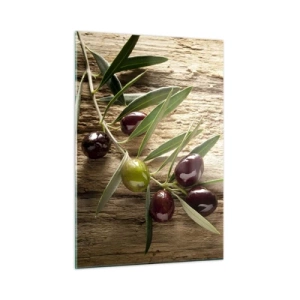 Quadro su vetro - Ramo d'ulivo su uno sfondo di legno - 50x70cm - Direttamente dalla natura - Decorazione murale moderna per soggiorno e camera da letto ARTTOR