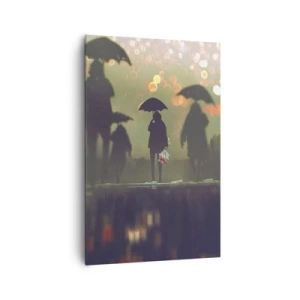 Quadro su tela - Stampe su Tela - Una figura con un ombrello in una sera piovosa tra le luci della città - 80x120cm - Dalla prospettiva di una goccia di pioggia - Decorazione murale moderna per soggiorno e camera da letto ARTTOR