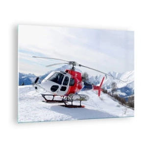 Quadro su vetro - Un elicottero rosso in uno scenario montano invernale - 70x50cm - Sempre pronto - Decorazione murale moderna per soggiorno e camera da letto ARTTOR