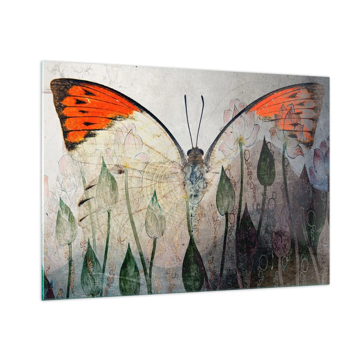 Quadro su vetro - Una farfalla artistica circondata da delicati fiori su uno sfondo grigio. - 100x70cm - Dove la farfalla si dondola sull'erba - Decorazione murale moderna per soggiorno e camera da letto ARTTOR