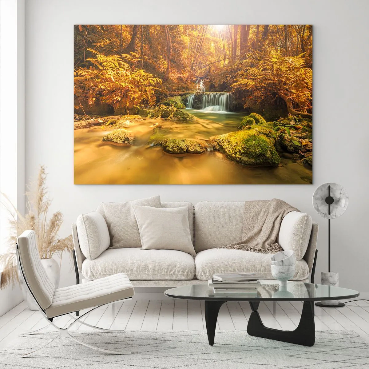 Quadro su vetro - Cascata nella foresta in oro - 120x80cm - Cascata boschiva in oro - Decorazione murale moderna per soggiorno e camera da letto ARTTOR
