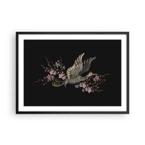 Poster in cornice nera - Un uccello in volo con fiori su sfondo nero - 70x50cm - Uccello esotico ricamato - Decorazione murale moderna per soggiorno e camera da letto ARTTOR