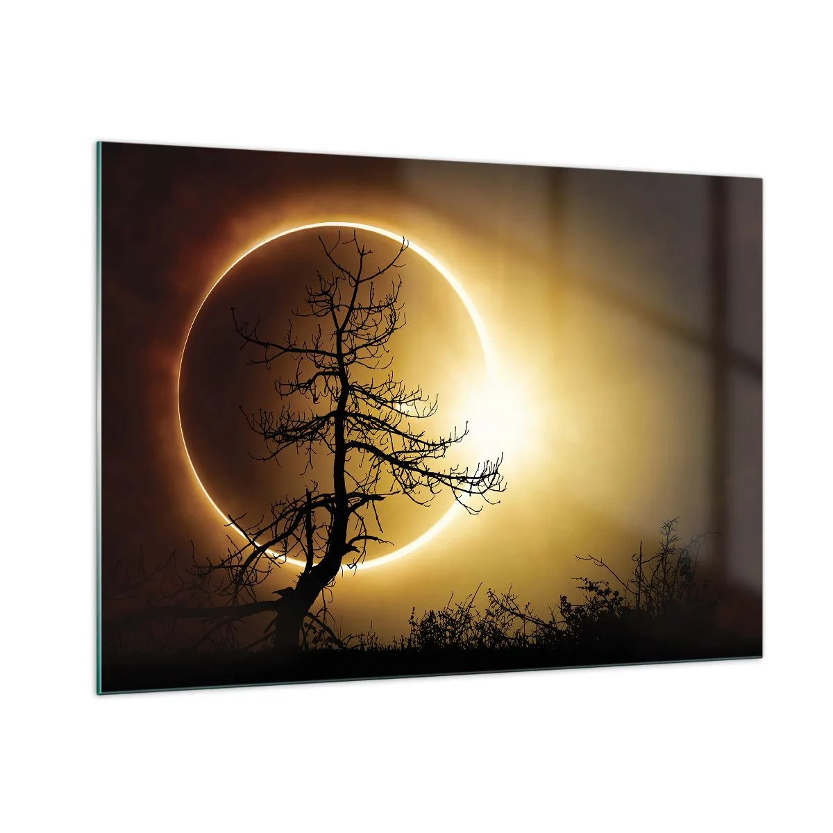 Quadro su vetro - Eclissi solare dietro l'albero - 100x70cm - Eclissi totale - Decorazione murale moderna per soggiorno e camera da letto ARTTOR
