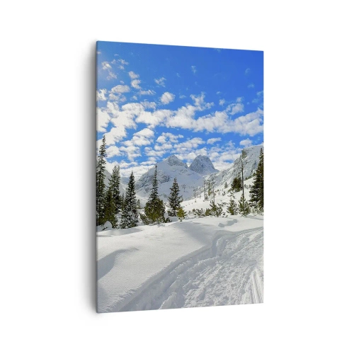 Quadro su tela - Stampe su Tela - Paesaggio montano invernale con foresta e sentiero nella neve - 70x100cm - Nella neve e nel sole - Decorazione murale moderna per soggiorno e camera da letto ARTTOR
