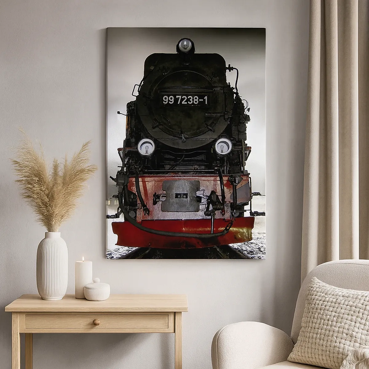 Quadro su tela - Stampe su Tela - Una locomotiva a vapore circondata dal vapore contro un cielo scuro in un ambiente suggestivo - 50x70cm - Ansima, sbuffa e soffia - Decorazione murale moderna per soggiorno e camera da letto ARTTOR