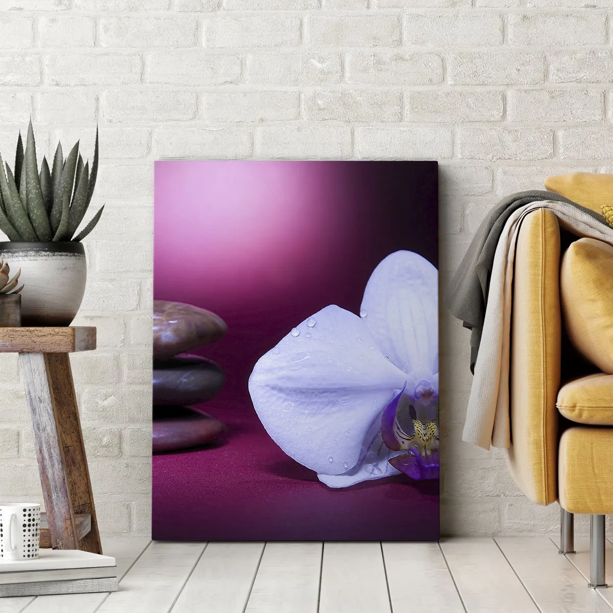 Quadro su tela - Stampe su Tela - Orchidea bianca e pietre su sfondo rosa - 80x120cm - Studio di freschezza in viola - Decorazione murale moderna per soggiorno e camera da letto ARTTOR